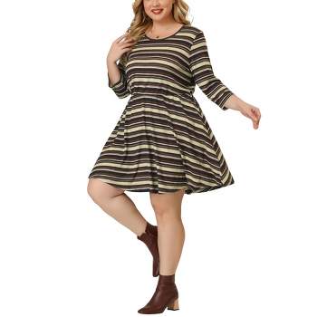 Agnes Orinda Women's Plus Size 3/4 Sleeve Striped Boho Fit Flare Knit Dress