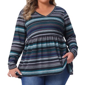 Women's Plus Size Vintage Striped V Neck Long Sleeve Elastic Waist Boho Casual Babydoll Blouse - Agnes Orinda - 1 of 4