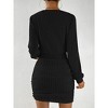 Womens V Neck Dress Ribbed Knit Long Sleeve High Waist Bodycon Mini Dress - 2 of 4
