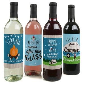 Big Dot of Happiness Happy Camper - Camping Baby Shower or Birthday Party Decorations for Women and Men - Wine Bottle Label Stickers - Set of 4 - 1 of 4