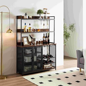 Industrial Coffee Bar Cabinet with Power Outlet, LED Strip, Glass Holder, 3-Tier Shelves for Home, Kitchen, Dining Room - 1 of 4