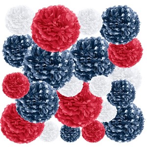 EpiqueOne 20-Piece Tissue Paper Pom Poms Party Decoration Kit - Blue, Red & White | Different Sizes - 6", 8", 10", 12" & 14" - 1 of 4