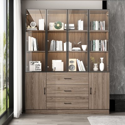 FUFU&GAGA Brown Woodgrain 4 Glass Door Storage Cabinet Bookcase