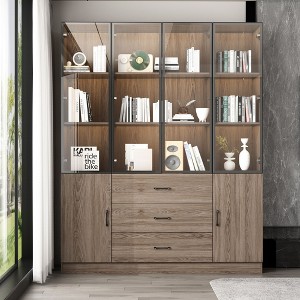 FUFU&GAGA Brown Woodgrain 4 Glass Door Storage Cabinet Bookcase - 1 of 4