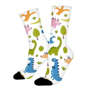 Cute Dino Cactus Leaves Nuresry Women Printed Crew Socks Funny Funky Socks Soft Polyester Novelty Gifts for Artists Men - 1 of 1