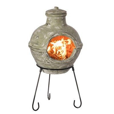 Vintiquewise Outdoor Beige Clay Chimenea BBQ Grill Fire Pit Accent Design and Metal Stand