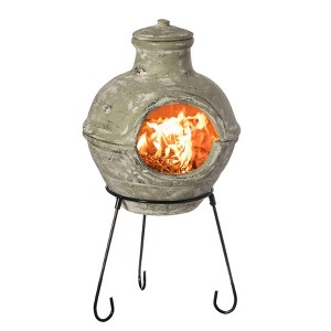 Vintiquewise Outdoor Beige Clay Chimenea BBQ Grill Fire Pit Accent Design and Metal Stand - 1 of 4