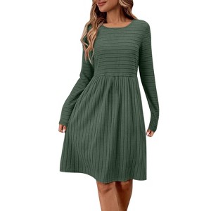 Womens Crew Neck Long Sleeve Midi Dresses 2025 Casual Ribbed Knit Knee Length Sweater Dress - 1 of 4