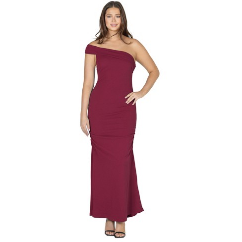 24seven Comfort Apparel Womens Formal One Shoulder Rouched Mermaid Maxi  Dress-Brick-XL