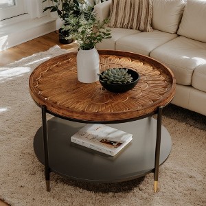 Hommoo Solid Wood Round Coffee Table – Metal Frame Mid-Century Tea Table - 1 of 4