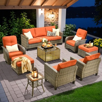 XIZZI Patio Furniture Sets Designed for Outdoor Relaxation, Comfy 3.5-Inch Cushions & 360° Swivel Action for Extra Comfort, 9 Pcs/Set, Orange