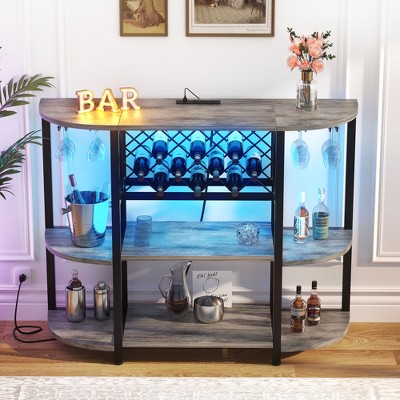 Aheaplus 47.24" Storage Wine Bottle & Glass Rack with Lights and Outlets