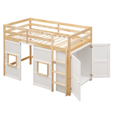 NicBex Twin Low Loft Bed with Built-in Storage Wardrobe and 2 Windows for Kids Teens