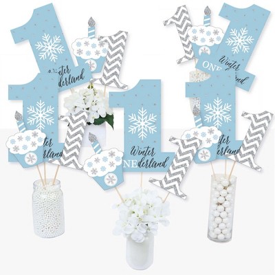 Big Dot of Happiness Onederland - Snowflake Winter Wonderland First Birthday Party Centerpiece Sticks - Table Toppers - Set of 15