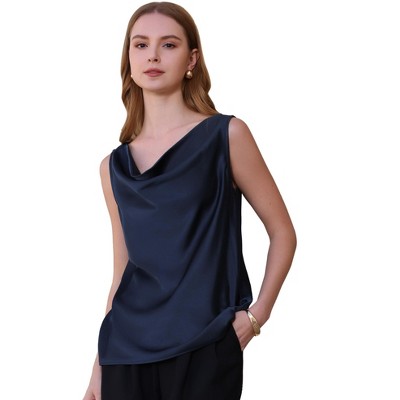 INSPIRE CHIC Women's Office Sleeveless Cowl Neck Satin Elegant Dressy Blouse