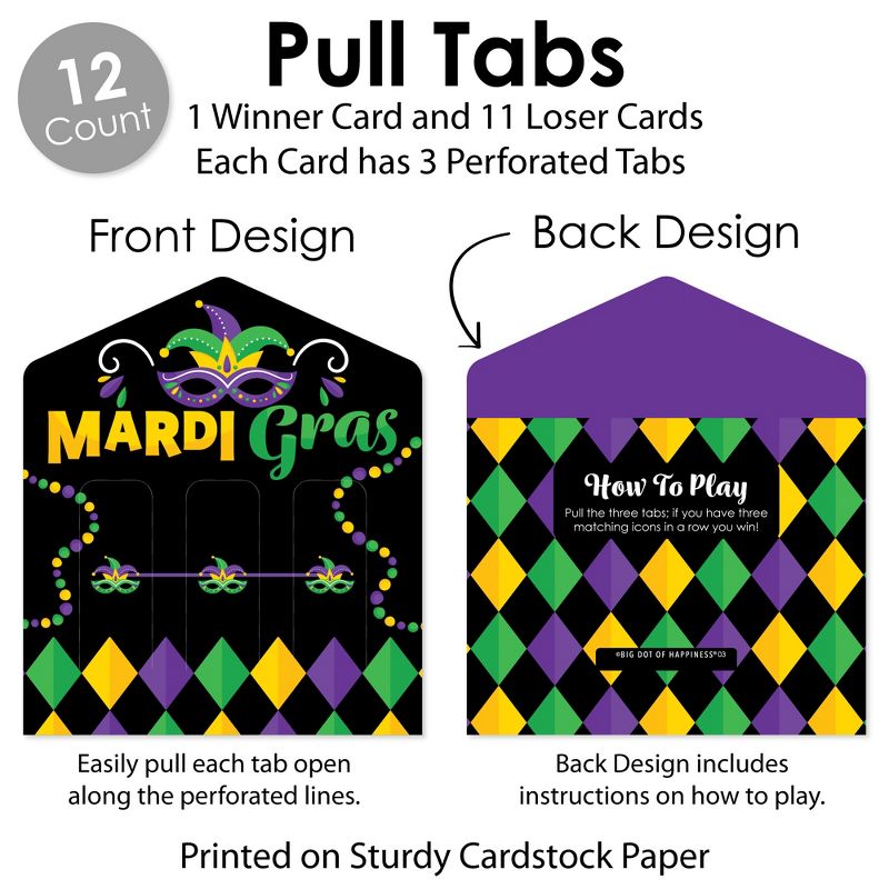 Big Dot of Happiness Colorful Mardi Gras Mask - Masquerade Party Game Pickle Cards - Pull Tabs 3-in-a-Row - Set of 12, 5 of 7
