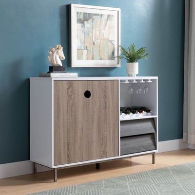 Vynxaria Wooden Display Rack, Cabinet with Drawer, Holds 6 Wine Glass, White & Dark Taupe & Distressed Grey