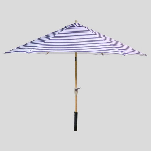 9 Round Coastal Stripe Patio Umbrella Duraseason Fabric Blue Light Wood Pole Threshold Target
