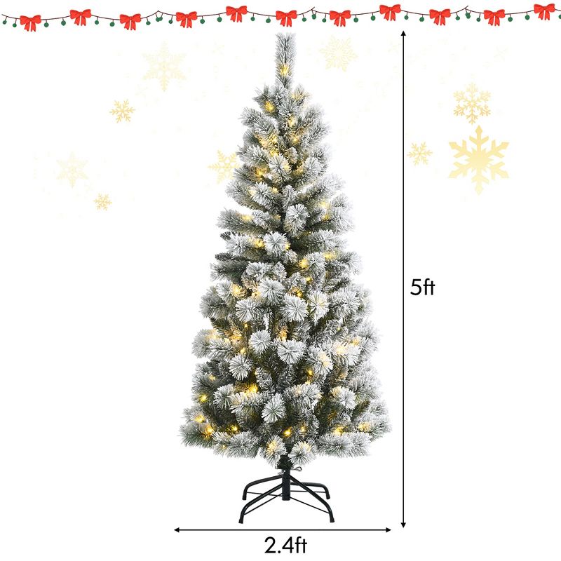 Costway 5FT Pre-Lit Hinged Christmas Tree Snow Flocked w/9 Modes Remote Control Lights, 3 of 11