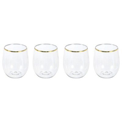 Unique Bargains PET Lightweight Stemless Gold Trim Wine Glass Drinkware 12oz 4 Pcs