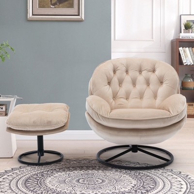 Okak Modern Velvet Accent Chair Living Room Chair with Ottoman Comfy Upholstered TV Chair sofa for Lounge Office Bedroom, Beige