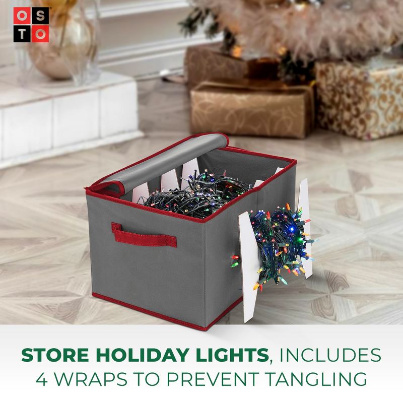 OSTO Christmas Strip Light Storage Box with 4 Cardboard Wraps to Store Up to 800 Holiday Light Bulbs; Rivet-Enforced Handles, Dual-Zippered, 2 of 5