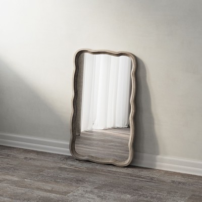 JIONJOY Curved Wood Accent Mirror - Farmhouse French Country Decor, Textured Rectangle Wall Mirror