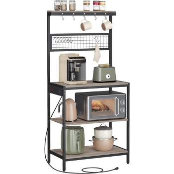 VASAGLE Bakers Rack with Charging Station, Coffee Bar Stand with Adjustable Storage Shelf, Grid Panel, 12 Hooks, Table for Microwave, Kitchen