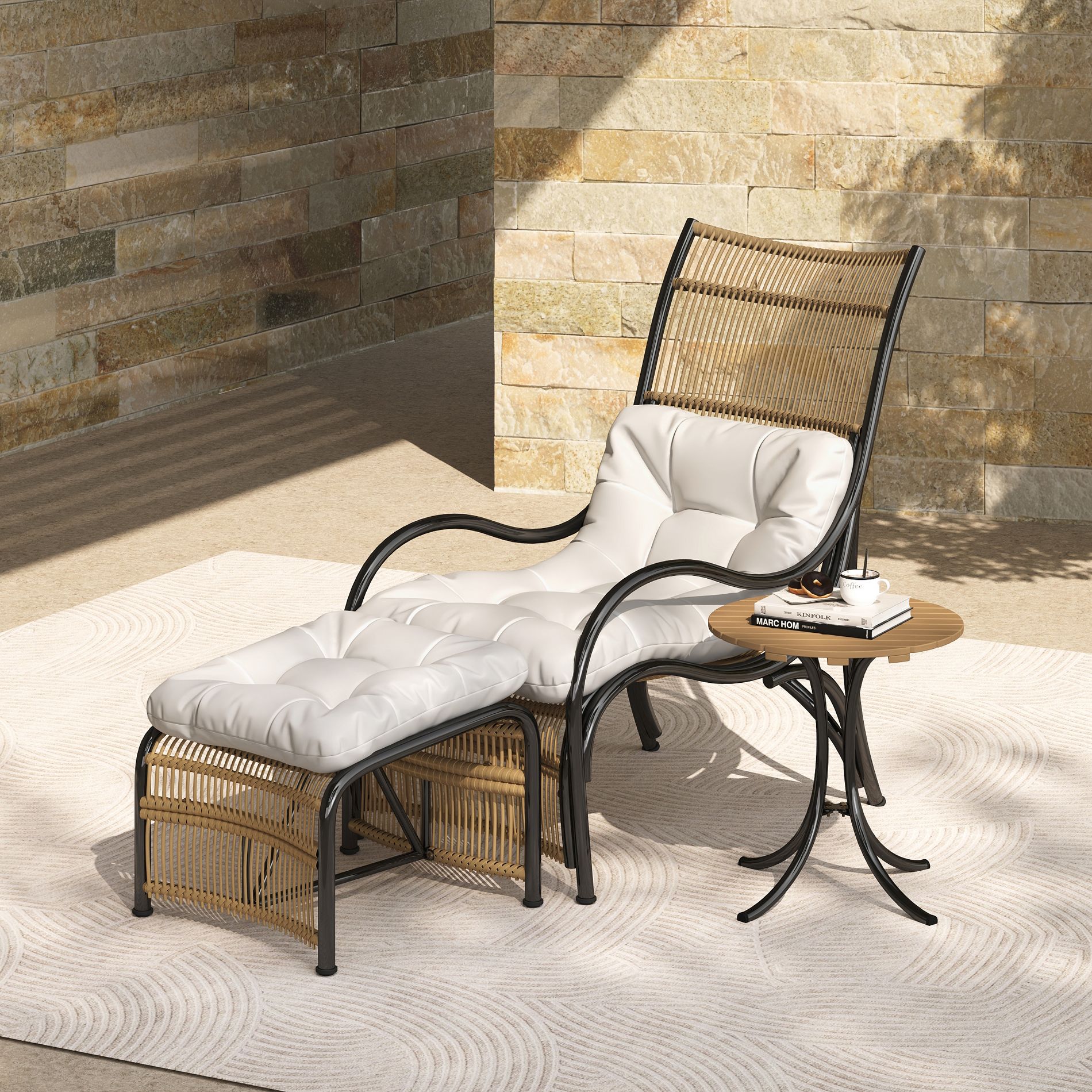 FIONECA 3-Piece Wicker Outdoor Patio Furniture Set with Lounge Chair, Ottoman & Coffee Table, Black & Natural Rattan with Beige Cushions