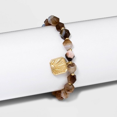 Gold Plated Sun Charm and Agate Stretch Bracelet - Brown