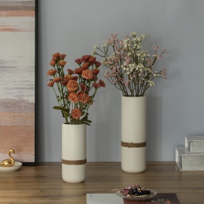 Tiny White Ceramic Cylinder Table Vase Set with Twisted Cord Trim