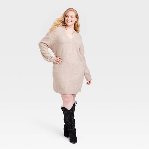 Women's Long Sleeve Tunic Mini Sweater Dress - Universal Thread™ Tan 3x :  Target