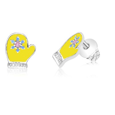 Chanteur Hypoallergenic Kids Jewelry Accessories Mitten Yellow Enamel CZ White Gold Palladium Plating Stud Earrings