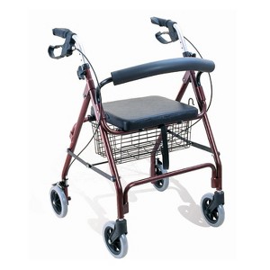 BodyMed Regular Aluminum Rollator, Medical Roller, PVC Soft Seat, Walking Aid, Elder Assistance, Four Wheels, Burgundy with Loop Brakes - 1 of 4
