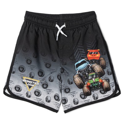 Monster Jam Little Boys' Long Sleeve Graphic Swim Shirt and Allover Print Drawstring Board Shorts Outfit Black 5 — фото 4