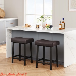 Dining Room Counter Height Bar Stools Set of 2, 24 Inch PU Leather Barstools w/ Heavy Duty Metal Legs, Thick Saddle Seats Breakfast Stools - 1 of 4