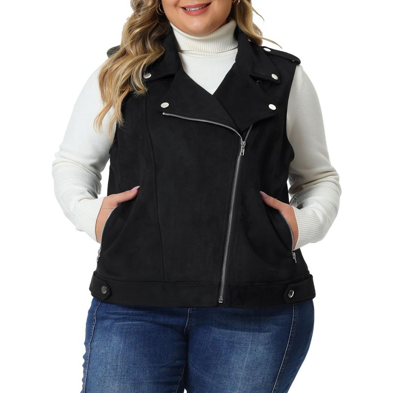 Agnes Orinda Women's Plus Size Winter Lapel Zipper Utility Motorcycle Faux Suede Sleeveless Fashion Vests, 1 of 6