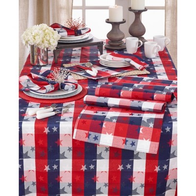 Patriotic Red White and Blue Checkered Fabric Tablecloth