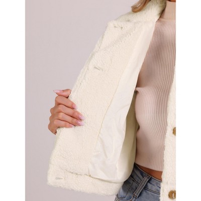 Allegra K Women's Lapel Faux Fur Button Down Long Sleeve Casual Short Jackets Medium Beige — фото 5