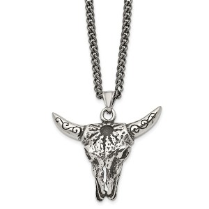 Black Bow Jewelry Men's Stainless Steel Antiqued XL Steer Skull Necklace, 20 Inch - 1 of 4