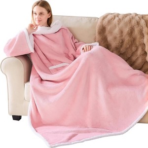 FAAYFIAN Faux Shearlin Wearable Blanket with Sleeves, Full Body TV Wrap Hoodie Blanket with Pocket, One Size for Women & Men, Pink - 1 of 4