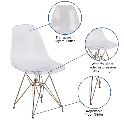 Elon Clear Polypropylene Armless Chair with Gold Metal Base