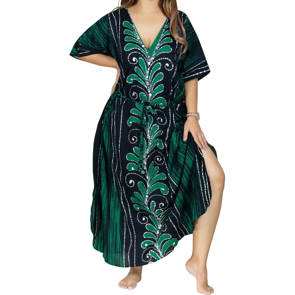 LA LEELA Summer Cotton Women Beach Resortwear Caftan Vacation Cruise Holiday Loungewear Maxi Travel Dress 2X-3X Green Paisley - thumbnail 5