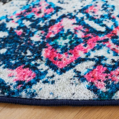 Navy and Light Blue Round Synthetic Washable Area Rug
