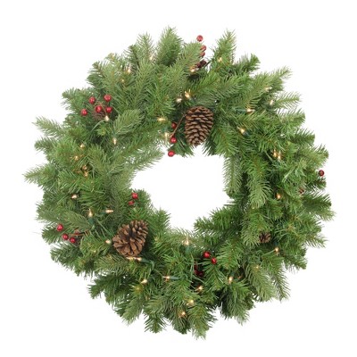 Northlight 24" Pre-lit Noble Fir with Red Berries and Pine Cones Artificial Christmas Wreath - Clear Lights