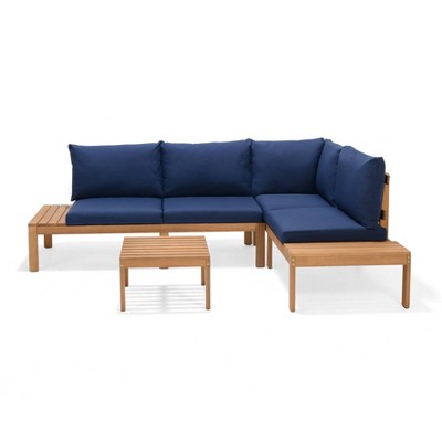 Amazonia 3pc Seychelles Outdoor Patio Conversation Set with Cushions Blue: Eucalyptus Frame, FSC Certified, UV & Rust-Resistant