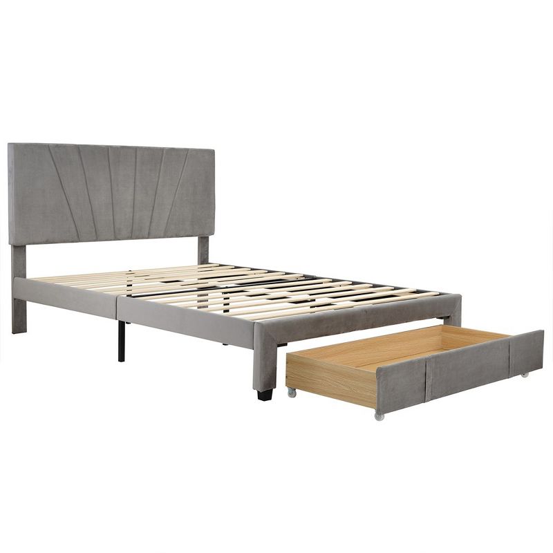 Queen Upholstered Bed Frame, Queen Platform Bed With 12 Wooden Slats Support, Velvet Headboard, Up To 500lbs Support, 3 of 7