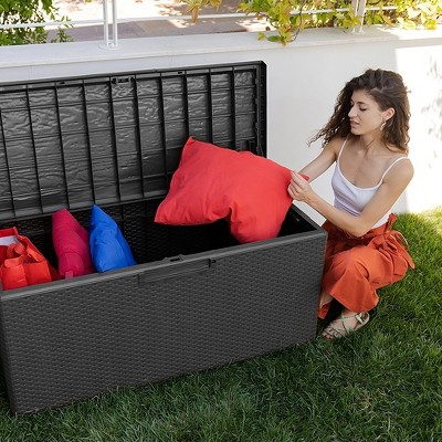 Gray Lockable Plastic Wicker Deck Box with Wheels
