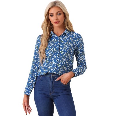 Allegra K Women's Point Collar Long Button Sleeve Button Down Floral Shirt