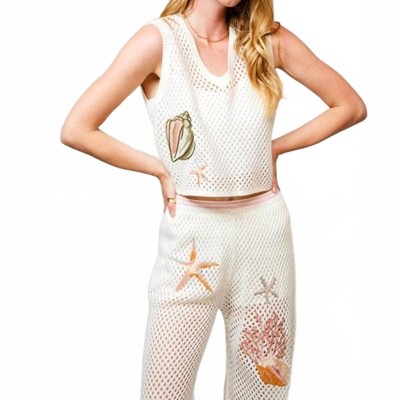 Women's Open Knit Seashell Embroidered Top - Blue B